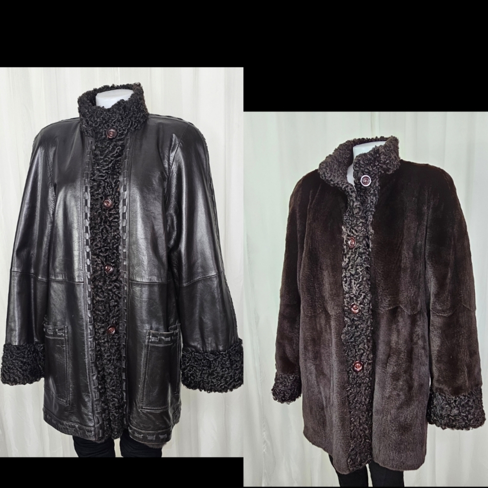 Reversible Dark Chocolate Brown Leather & Real Fur Coat Whip-Stitch Detail